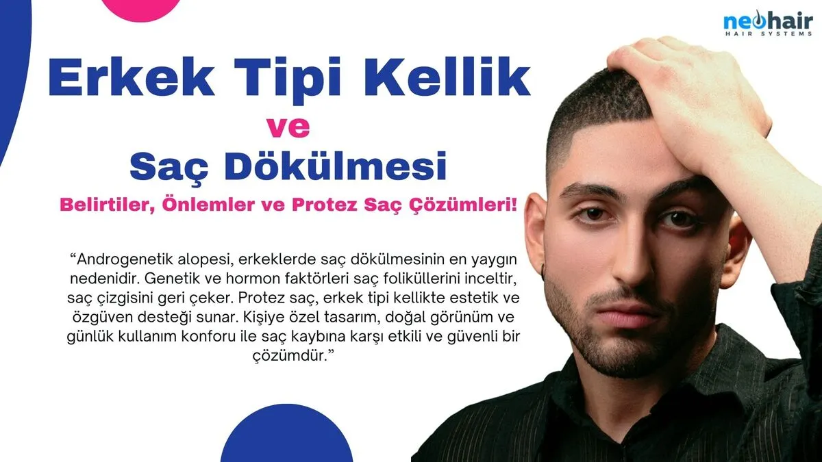 Erkek tipi kellik (androgenetik alopesi) erkeklerde en sık görülen saç dökülmesidir. Genetik faktörler ve hormon değişiklikleri saç kaybını tetikler. Protez saç ve medikal çözümlerle doğal görünümü korumak, özgüveni artırmak ve günlük yaşamı rahat sürdürmek mümkündür.