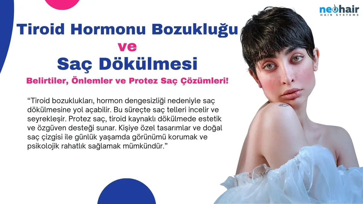 Tiroid bozuklukları, hormon dengesizliği nedeniyle saç dökülmesine yol açabilir. Bu süreçte saç telleri incelir ve seyrekleşir. Protez saç, tiroid kaynaklı dökülmede estetik ve özgüven desteği sunar. Kişiye özel tasarımlar ve doğal saç çizgisi ile günlük yaşamda görünümü korumak ve psikolojik rahatlık sağlamak mümkündür.